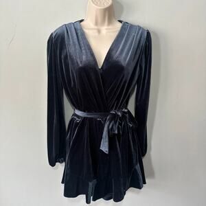 Fraiche by j Romper Small Dark Blue Velvet Mini Faux Wrap Dark Romantic Goth